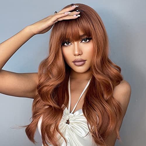 Natural Synthetic Auburn Wig with Bangs Long Curly Orange Hair for Women - Heat Resistant Kanekalon Fibre Wig by HAIRCUBE - görsel 15