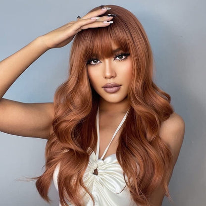 Natural Synthetic Auburn Wig with Bangs Long Curly Orange Hair for Women - Heat Resistant Kanekalon Fibre Wig by HAIRCUBE