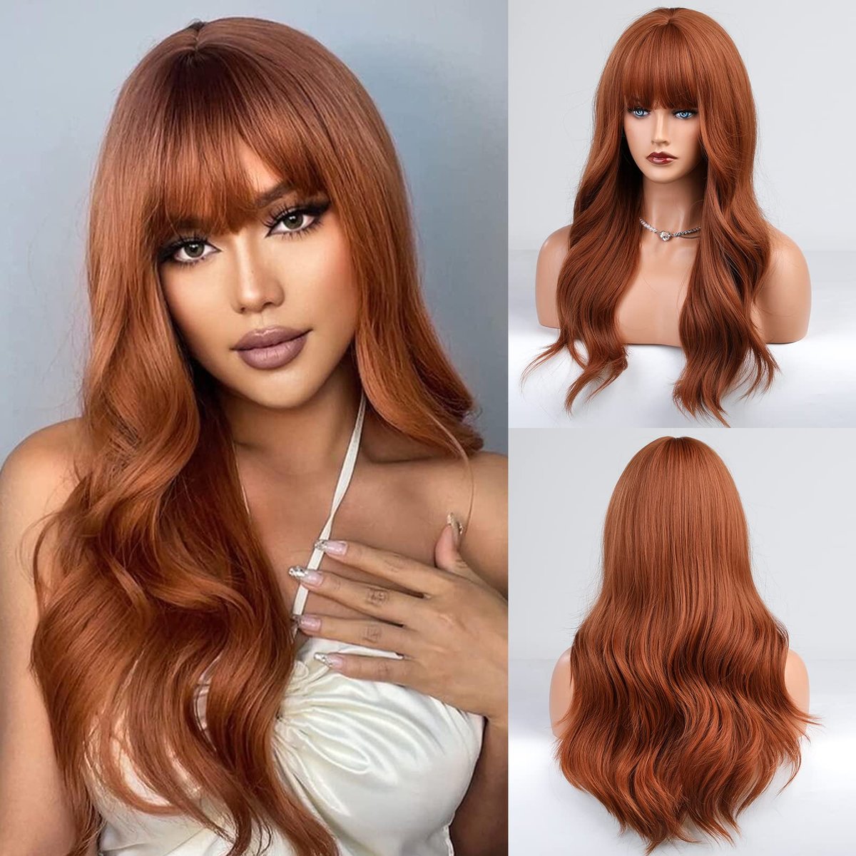 Natural Synthetic Auburn Wig with Bangs Long Curly Orange Hair for Women - Heat Resistant Kanekalon Fibre Wig by HAIRCUBE - görsel 2
