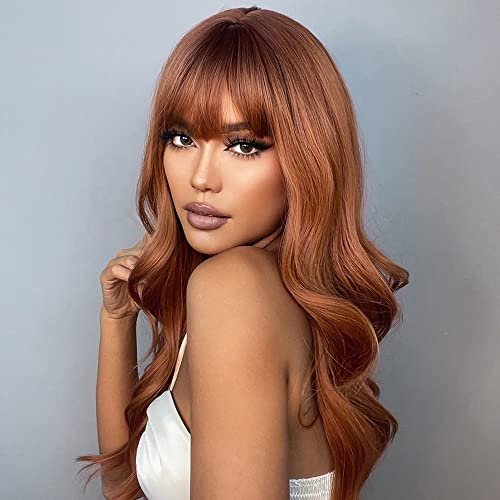 Natural Synthetic Auburn Wig with Bangs Long Curly Orange Hair for Women - Heat Resistant Kanekalon Fibre Wig by HAIRCUBE - görsel 11