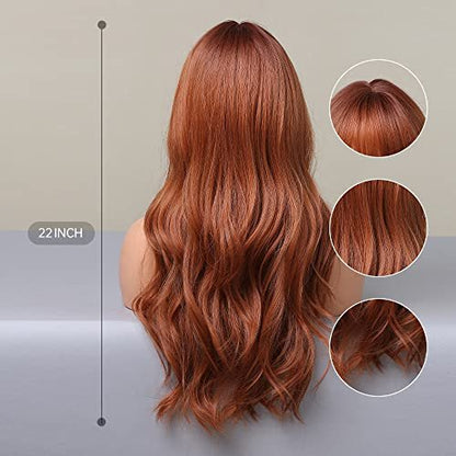 Natural Synthetic Auburn Wig with Bangs Long Curly Orange Hair for Women - Heat Resistant Kanekalon Fibre Wig by HAIRCUBE