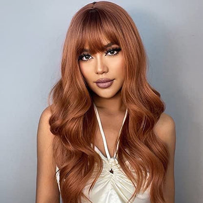 Natural Synthetic Auburn Wig with Bangs Long Curly Orange Hair for Women - Heat Resistant Kanekalon Fibre Wig by HAIRCUBE