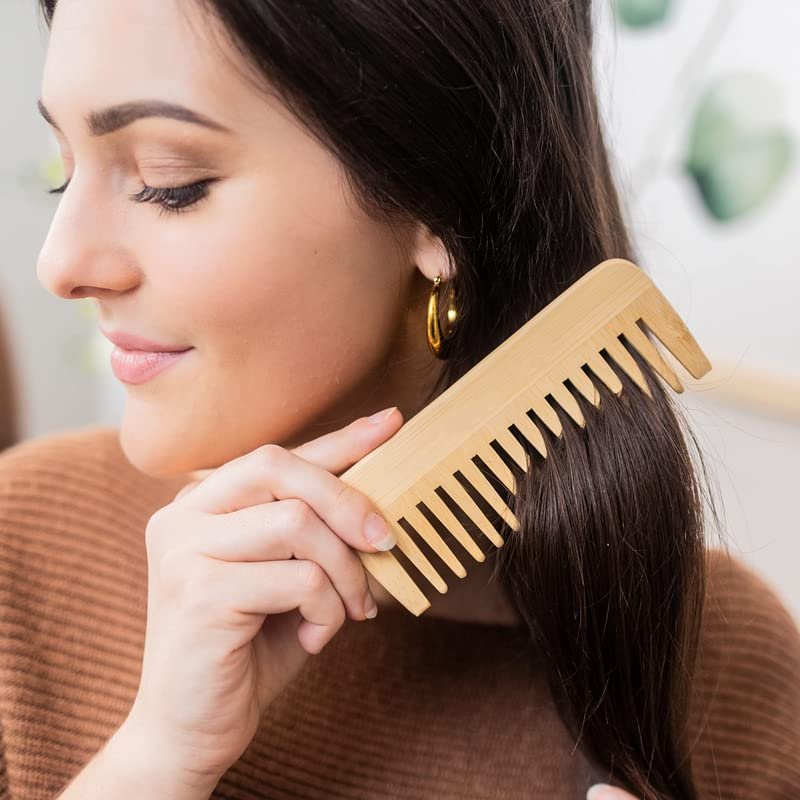 Mnixy Wide-Tooth Bamboo Hair Detangling Comb - Anti-Static, No Handle, Large for Long Hair - görsel 8