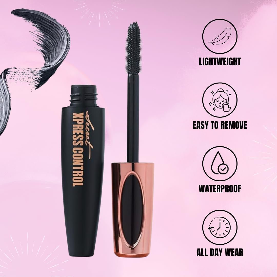 Secret Xpress Control Silk Fiber Mascara 4D – Lengthening & Thickening, Long Lasting & Smudge-Proof (2-Pack, Black) Avelisse