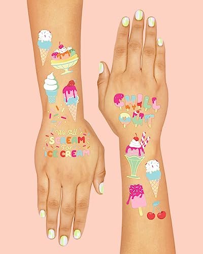 xo, Fetti Ice Cream Birthday Party Temporary Tattoos for Kids - 56 Glitter Styles | Dessert, Sweet Baby Shower Party Supplies, Arts and Crafts - görsel 7