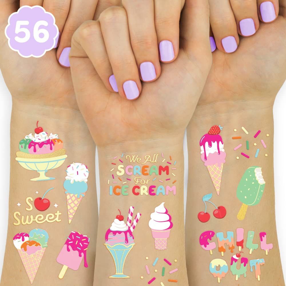 xo, Fetti Ice Cream Birthday Party Temporary Tattoos for Kids - 56 Glitter Styles | Dessert, Sweet Baby Shower Party Supplies, Arts and Crafts - görsel 2