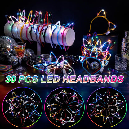 Giegxin 42 Pcs Glow in the Dark Headband Set - Unicorn Cat Ear Luminous Bunny Headbands for Party Favors (Short Hair Style)