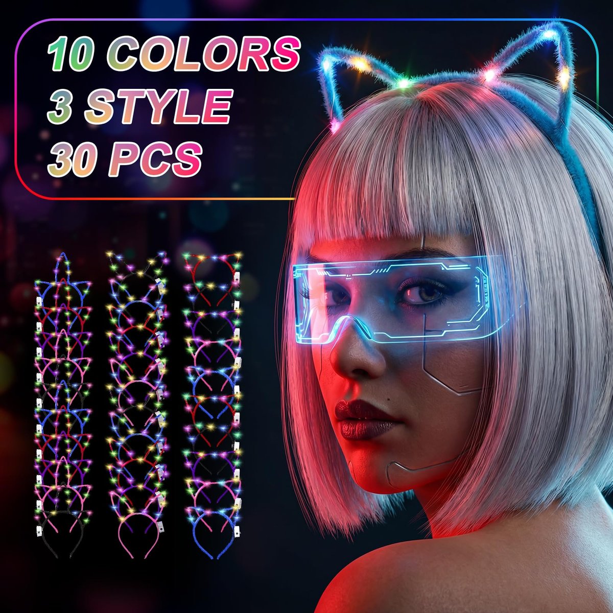 Giegxin 42 Pcs Glow in the Dark Headband Set - Unicorn Cat Ear Luminous Bunny Headbands for Party Favors (Short Hair Style) - görsel 9