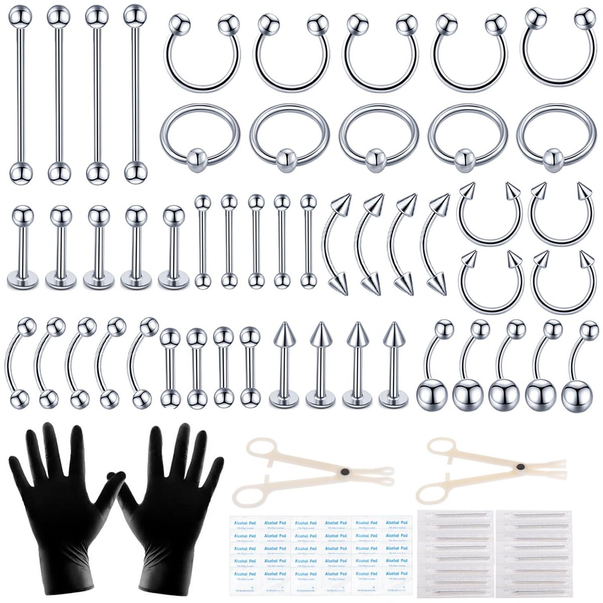 Loyal Book 104-Piece Piercing Kit – 14G & 16G Sterile Piercing Supplies for All Body Piercings (Stainless Steel Color) - görsel 1