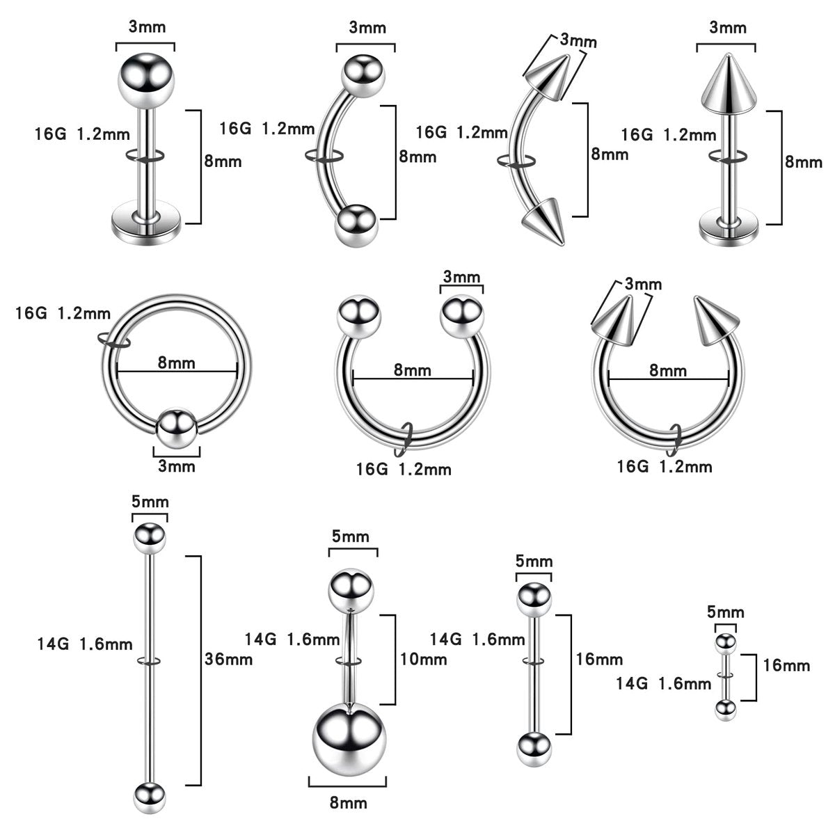 Loyal Book 104-Piece Piercing Kit – 14G & 16G Sterile Piercing Supplies for All Body Piercings (Stainless Steel Color) - görsel 7
