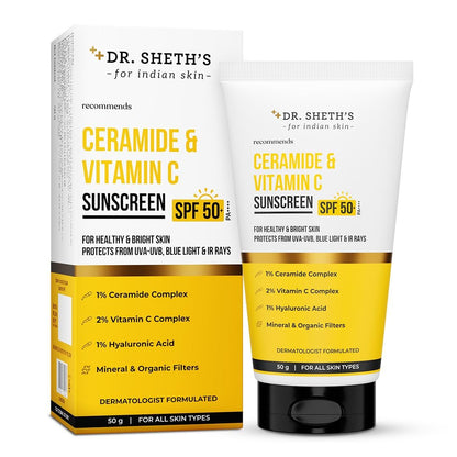 Dr. Sheth's Ceramide & Vitamin C Sunscreen SPF 50+ PA++++ – Lightweight, No White Cast, 50g Avelisse