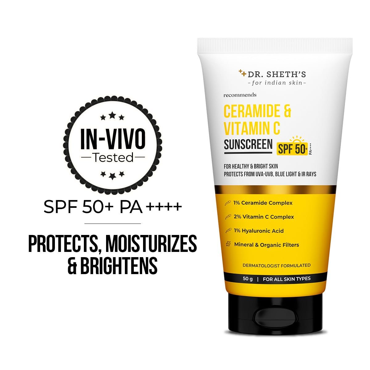 Dr. Sheth's Ceramide & Vitamin C Sunscreen SPF 50+ PA++++ – Lightweight, No White Cast, 50g Avelisse