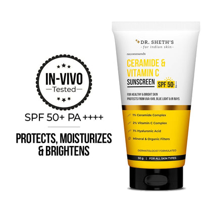 Dr. Sheth's Ceramide & Vitamin C Sunscreen SPF 50+ PA++++ – Lightweight, No White Cast, 50g Avelisse