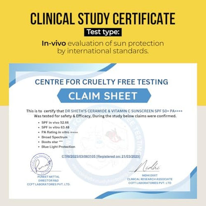Dr. Sheth's Ceramide & Vitamin C Sunscreen SPF 50+ PA++++ – Lightweight, No White Cast, 50g Avelisse