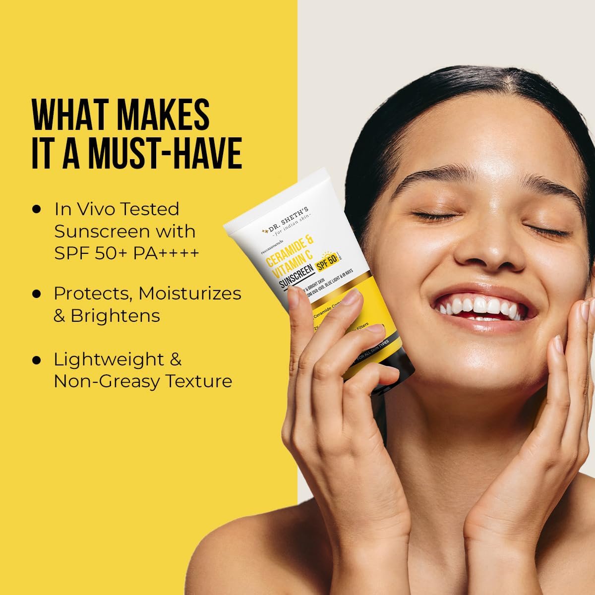 Dr. Sheth's Ceramide & Vitamin C Sunscreen SPF 50+ PA++++ – Lightweight, No White Cast, 50g Avelisse