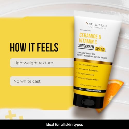 Dr. Sheth's Ceramide & Vitamin C Sunscreen SPF 50+ PA++++ – Lightweight, No White Cast, 50g Avelisse