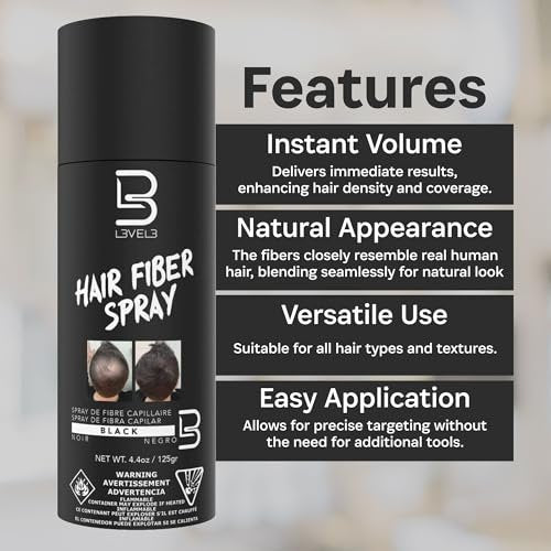 Level 3 Black Hair Fiber Spray – Instant Coverage for Bald Spots & Thinning Hair, Gray Coverage, Thicker Hair Look, 4.4 oz Avelisse