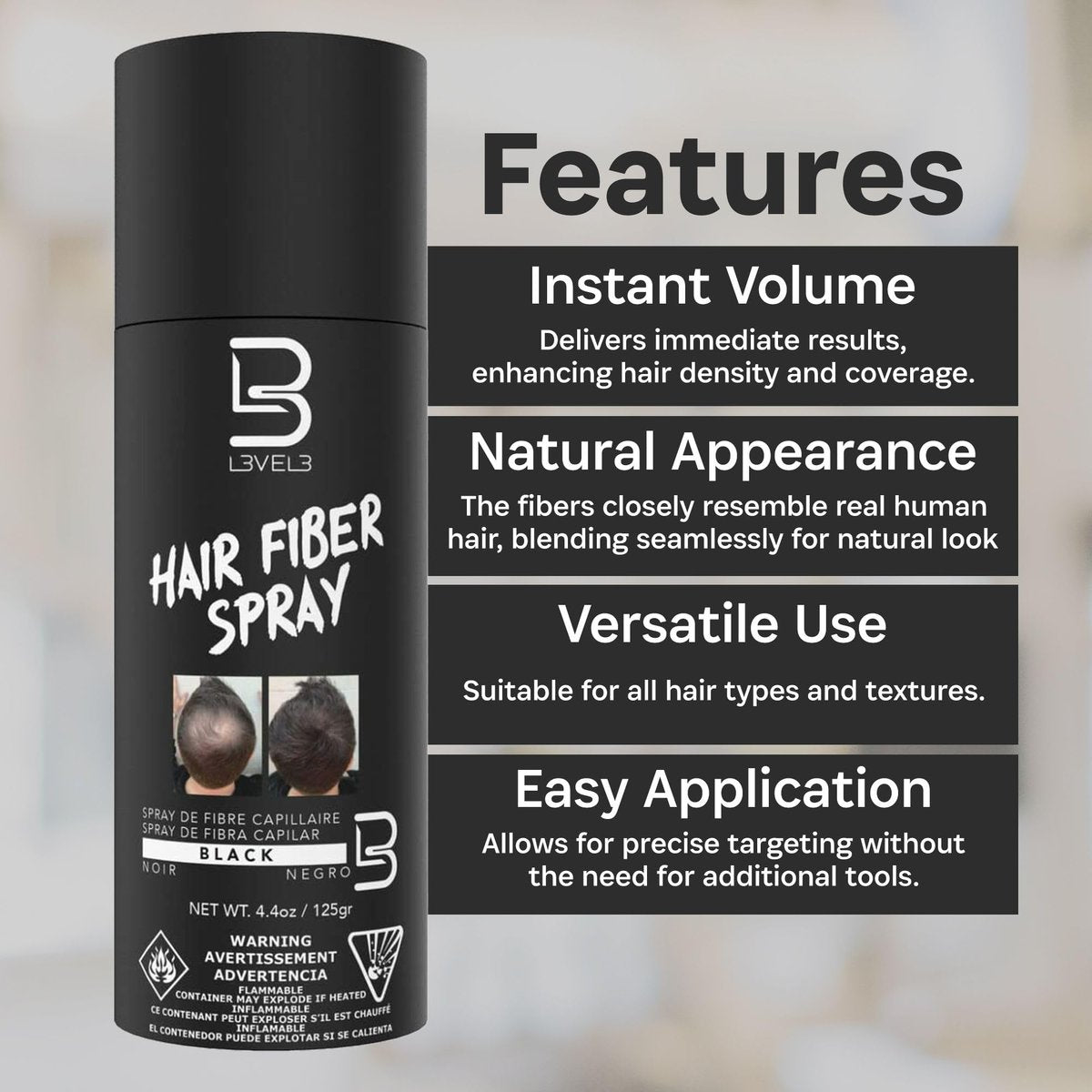 Level 3 Black Hair Fiber Spray – Instant Coverage for Bald Spots & Thinning Hair, Gray Coverage, Thicker Hair Look, 4.4 oz Avelisse