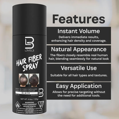Level 3 Black Hair Fiber Spray – Instant Coverage for Bald Spots & Thinning Hair, Gray Coverage, Thicker Hair Look, 4.4 oz Avelisse