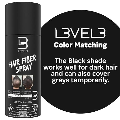 Level 3 Black Hair Fiber Spray – Instant Coverage for Bald Spots & Thinning Hair, Gray Coverage, Thicker Hair Look, 4.4 oz Avelisse