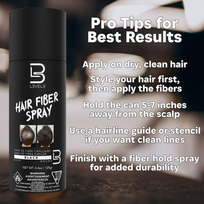 Level 3 Black Hair Fiber Spray – Instant Coverage for Bald Spots & Thinning Hair, Gray Coverage, Thicker Hair Look, 4.4 oz Avelisse