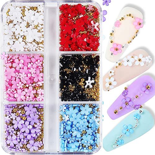 3D Colorful Flower Nail Charms with Gold Metal Beads – Acrylic Nail Art DIY Accessories - görsel 2