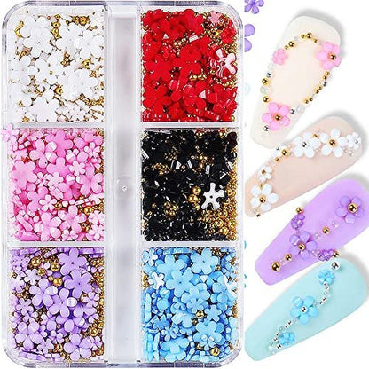 3D Colorful Flower Nail Charms with Gold Metal Beads – Acrylic Nail Art DIY Accessories