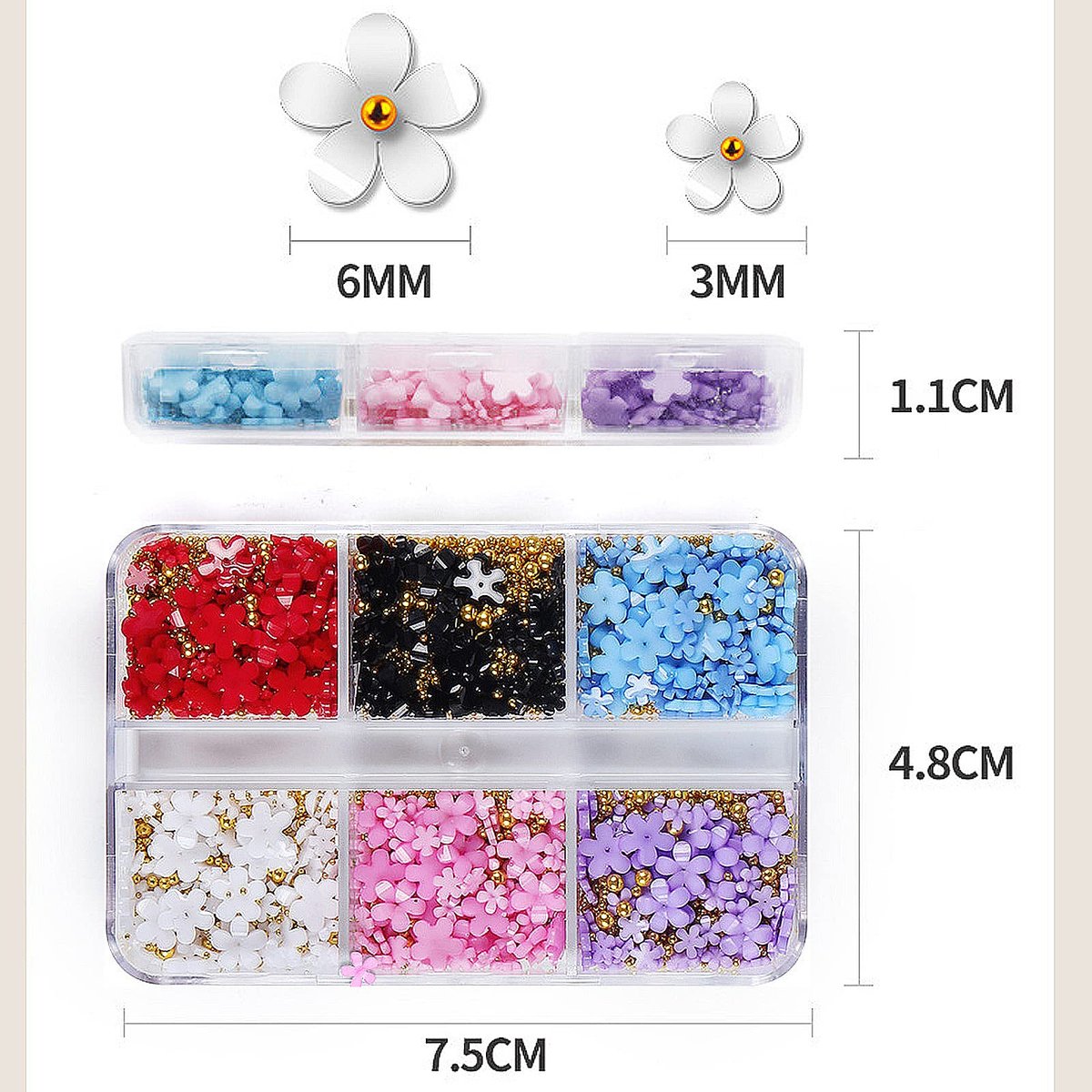 3D Colorful Flower Nail Charms with Gold Metal Beads – Acrylic Nail Art DIY Accessories - görsel 3