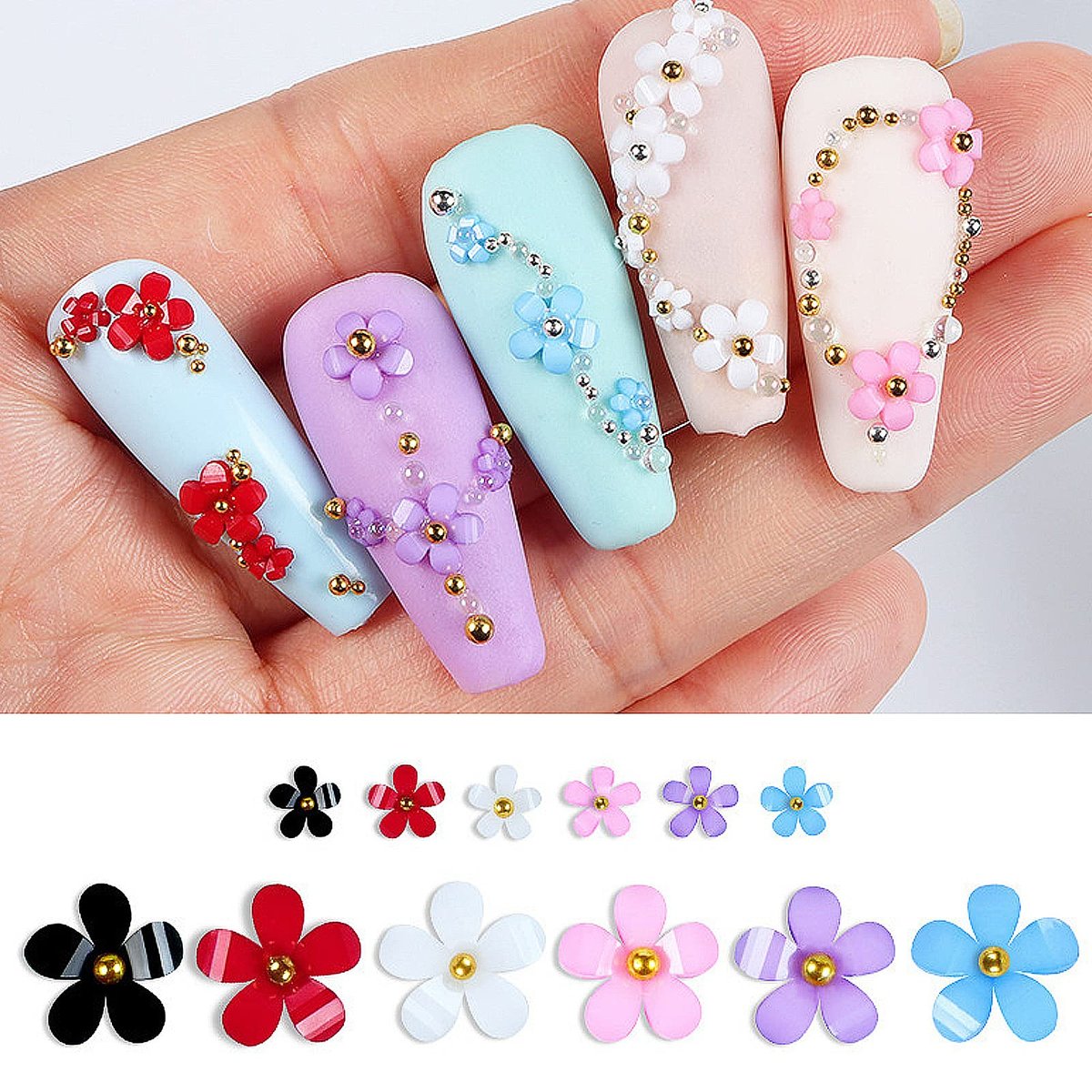 3D Colorful Flower Nail Charms with Gold Metal Beads – Acrylic Nail Art DIY Accessories - görsel 11