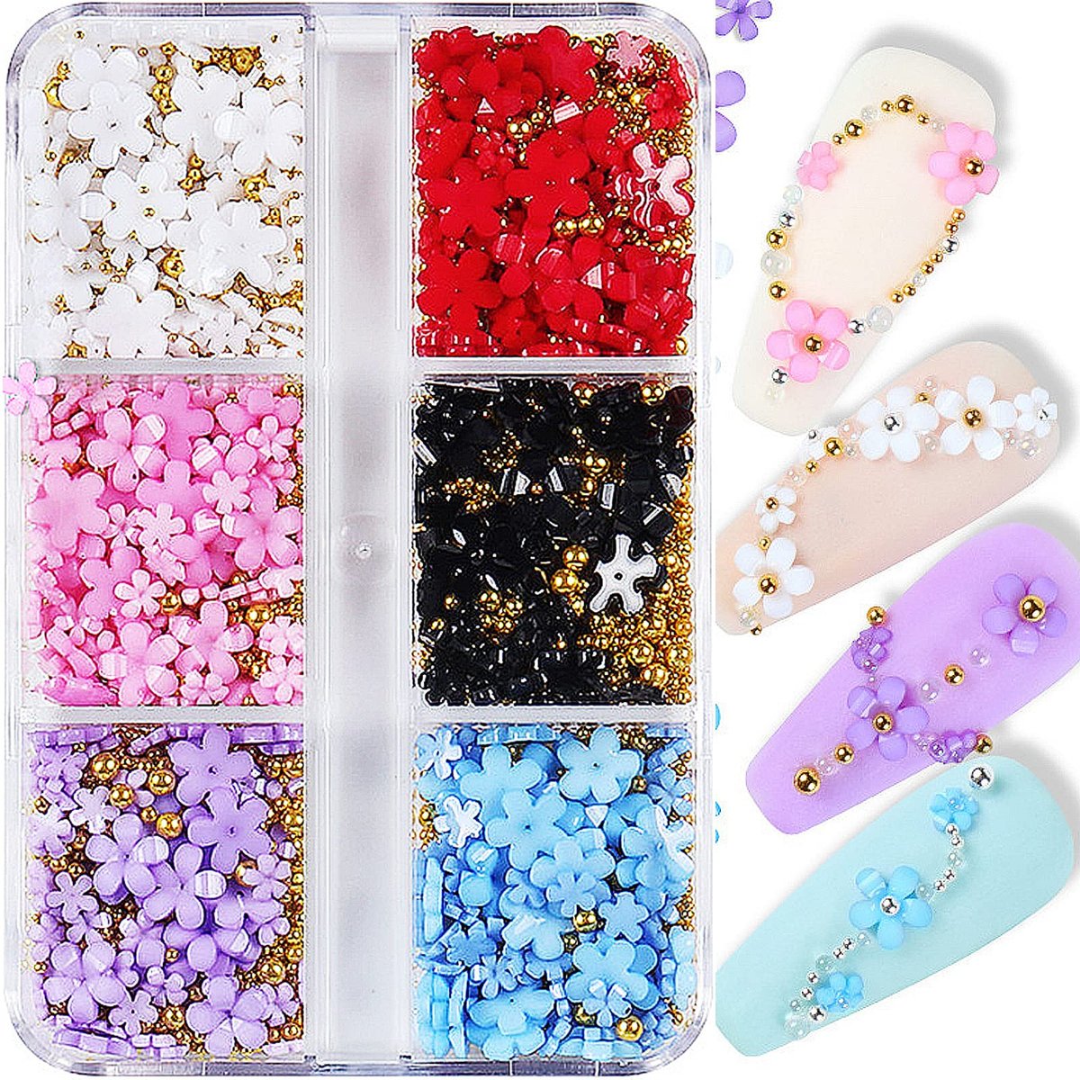 3D Colorful Flower Nail Charms with Gold Metal Beads – Acrylic Nail Art DIY Accessories - görsel 1