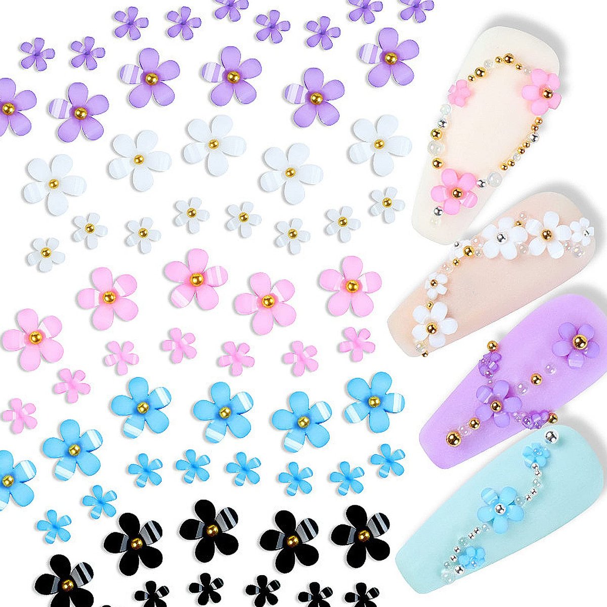 3D Colorful Flower Nail Charms with Gold Metal Beads – Acrylic Nail Art DIY Accessories - görsel 7
