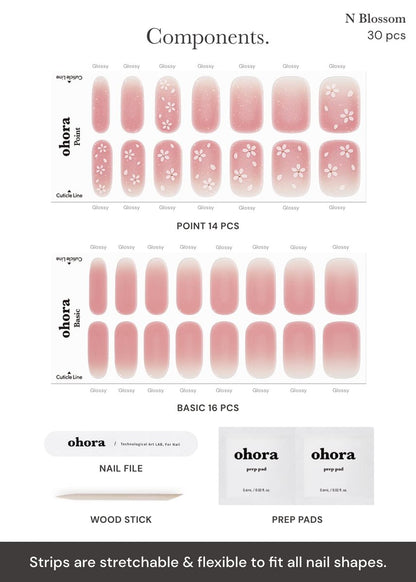 ohora Semi Cured Gel Nail Strips N Blossom – Nude Ombre, UV/LED Lamp Cured, Salon-Quality Long-Lasting Nail Art Set (34 Pieces)