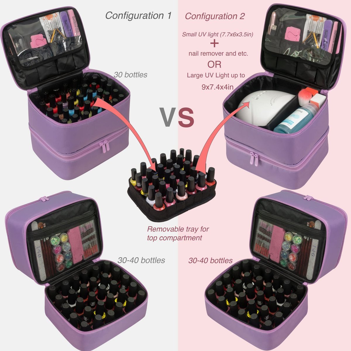 ButterFox Nail Polish Organizer Case – Holds 60 Bottles, Fits Nail Lamp, Double-Layer Storage for Nail Supplies, Lavender Purple - görsel 5