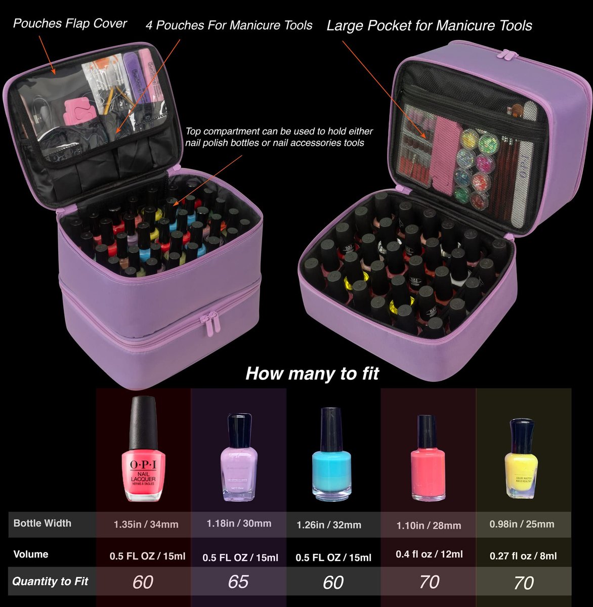 ButterFox Nail Polish Organizer Case – Holds 60 Bottles, Fits Nail Lamp, Double-Layer Storage for Nail Supplies, Lavender Purple - görsel 3