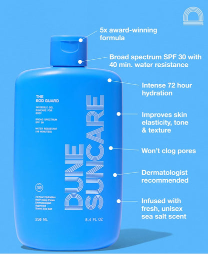 DUNE SUNCARE The Bod Guard - Award-Winning Clear Invisible Gel Body Sunscreen SPF 30, 8.4 Fl Oz Avelisse