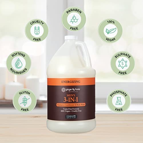 Ginger Lily Farms Botanicals Men's 3-in-1 Shampoo, Conditioner & Body Wash - 100% Vegan & Cruelty-Free, Energizing Scent, 1 Gallon (128 fl oz) Refill Avelisse