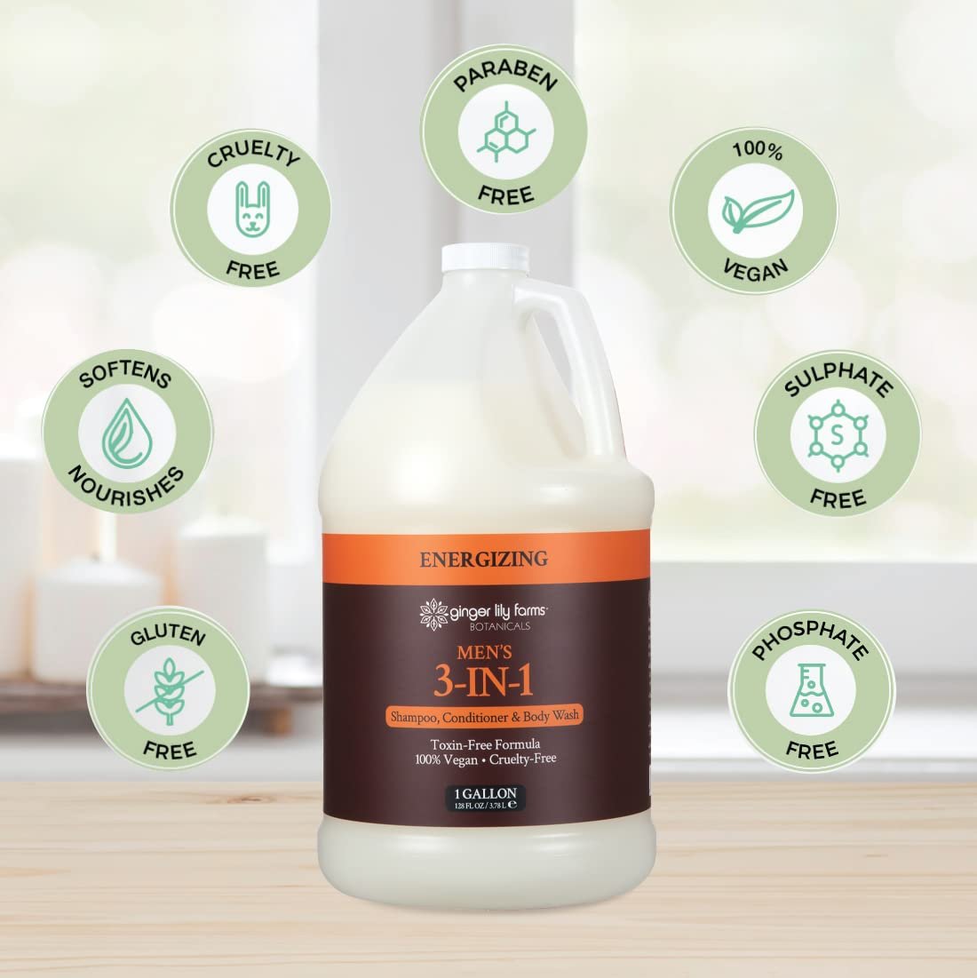 Ginger Lily Farms Botanicals Men's 3-in-1 Shampoo, Conditioner & Body Wash - 100% Vegan & Cruelty-Free, Energizing Scent, 1 Gallon (128 fl oz) Refill Avelisse