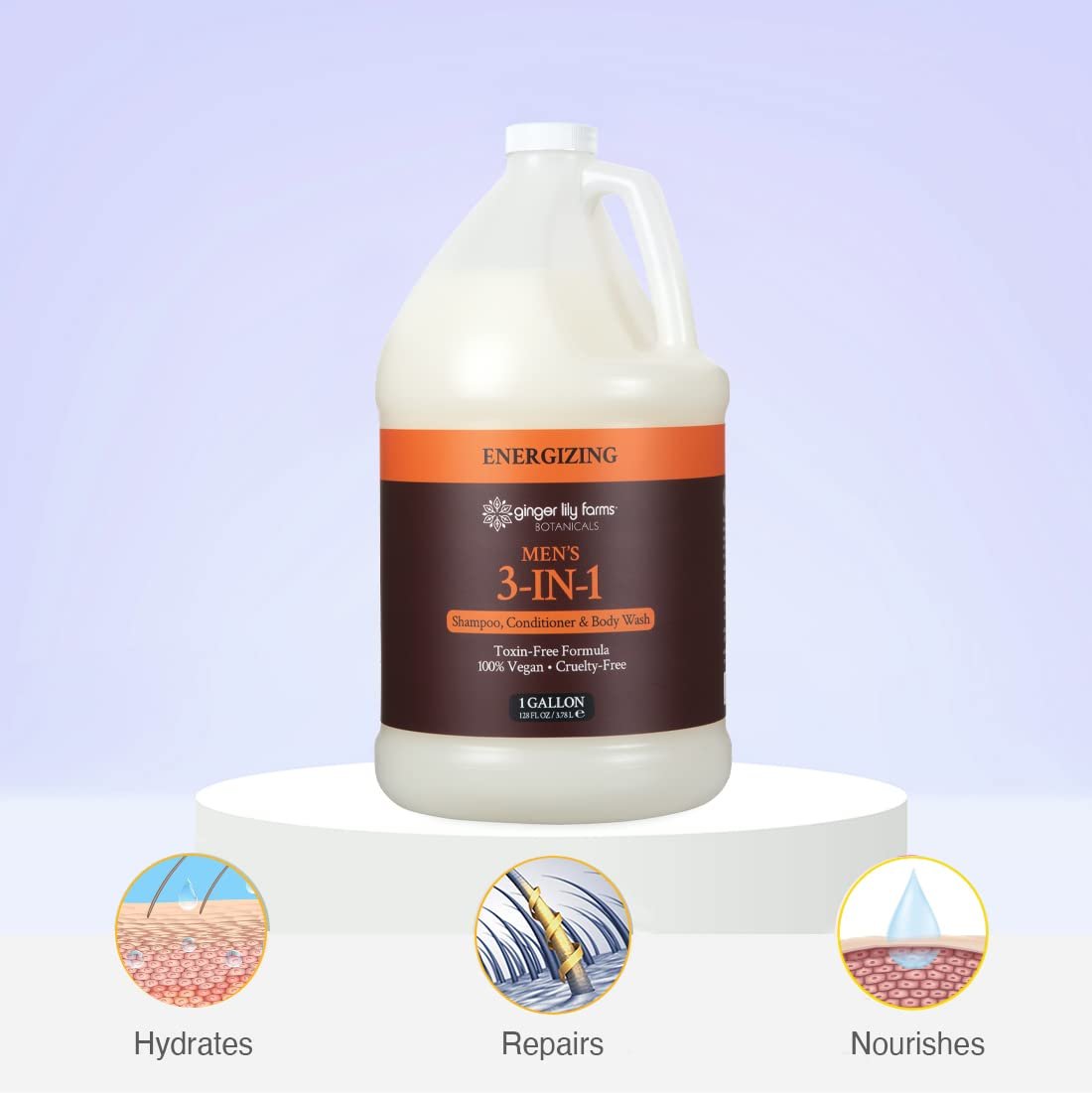 Ginger Lily Farms Botanicals Men's 3-in-1 Shampoo, Conditioner & Body Wash - 100% Vegan & Cruelty-Free, Energizing Scent, 1 Gallon (128 fl oz) Refill Avelisse