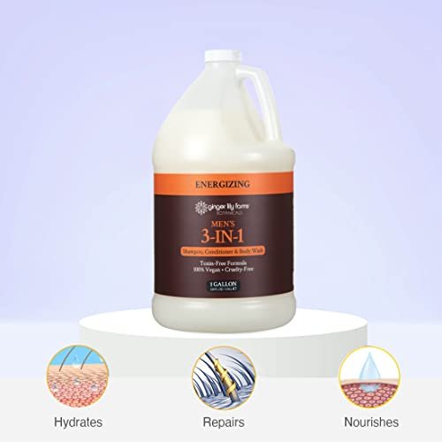 Ginger Lily Farms Botanicals Men's 3-in-1 Shampoo, Conditioner & Body Wash - 100% Vegan & Cruelty-Free, Energizing Scent, 1 Gallon (128 fl oz) Refill Avelisse