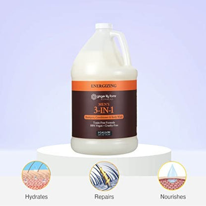 Ginger Lily Farms Botanicals Men's 3-in-1 Shampoo, Conditioner & Body Wash - 100% Vegan & Cruelty-Free, Energizing Scent, 1 Gallon (128 fl oz) Refill Avelisse