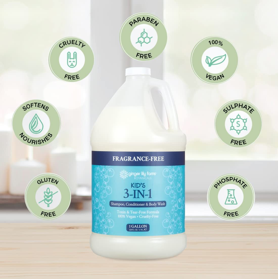Ginger Lily Farms Botanicals Kid's 3-in-1 Shampoo, Conditioner & Body Wash, Tear-Free Formula, 100% Vegan & Cruelty-Free, Fragrance-Free, 1 Gallon (128 fl oz) Refill Avelisse