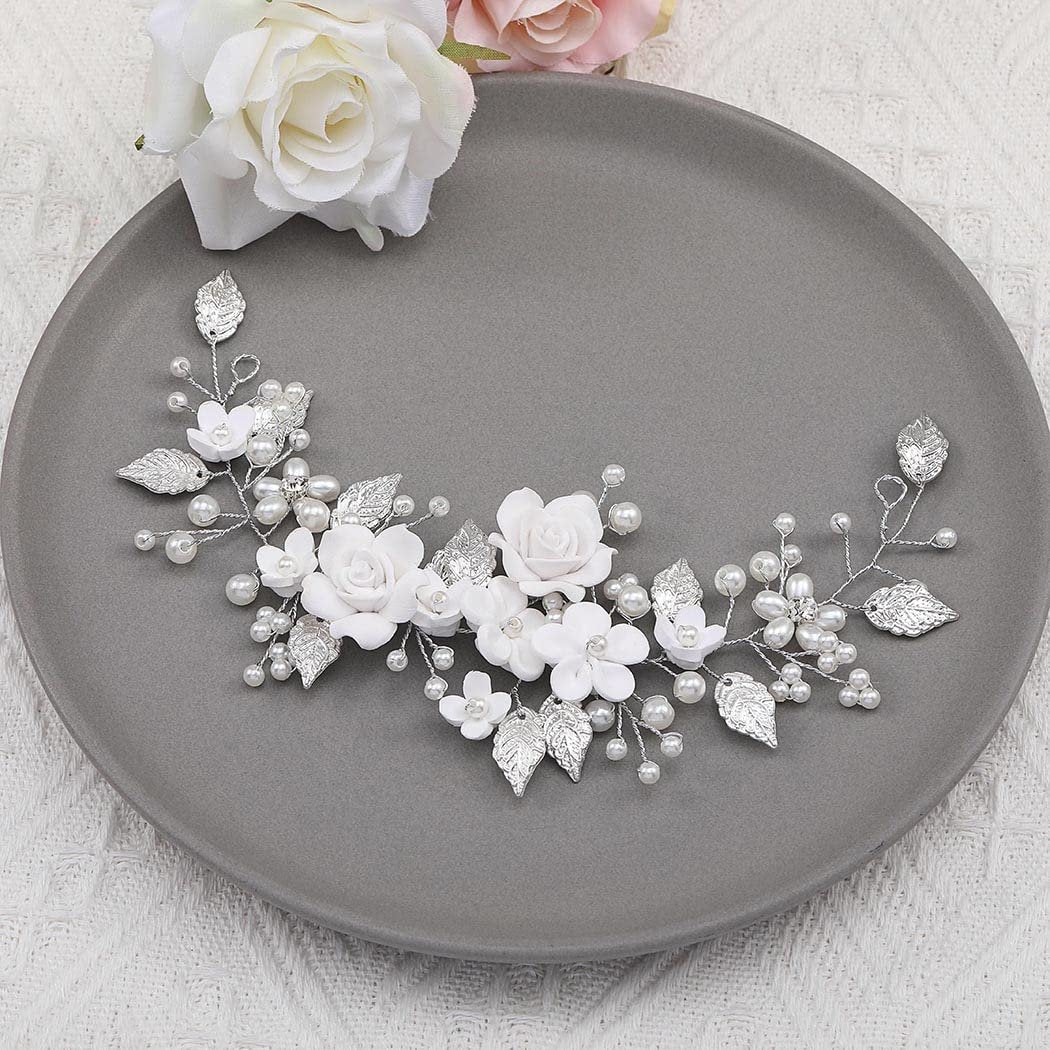 Unicra Silver Flower Bride Wedding Hair Vine with Pearl and Crystal Rhinestones - Elegant Headband for Women and Girls - görsel 3