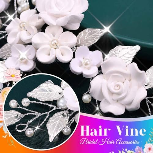Unicra Silver Flower Bride Wedding Hair Vine with Pearl and Crystal Rhinestones - Elegant Headband for Women and Girls - görsel 16