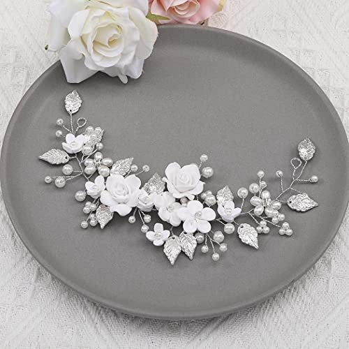 Unicra Silver Flower Bride Wedding Hair Vine with Pearl and Crystal Rhinestones - Elegant Headband for Women and Girls - görsel 4