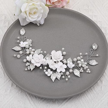 Unicra Silver Flower Bride Wedding Hair Vine with Pearl and Crystal Rhinestones - Elegant Headband for Women and Girls