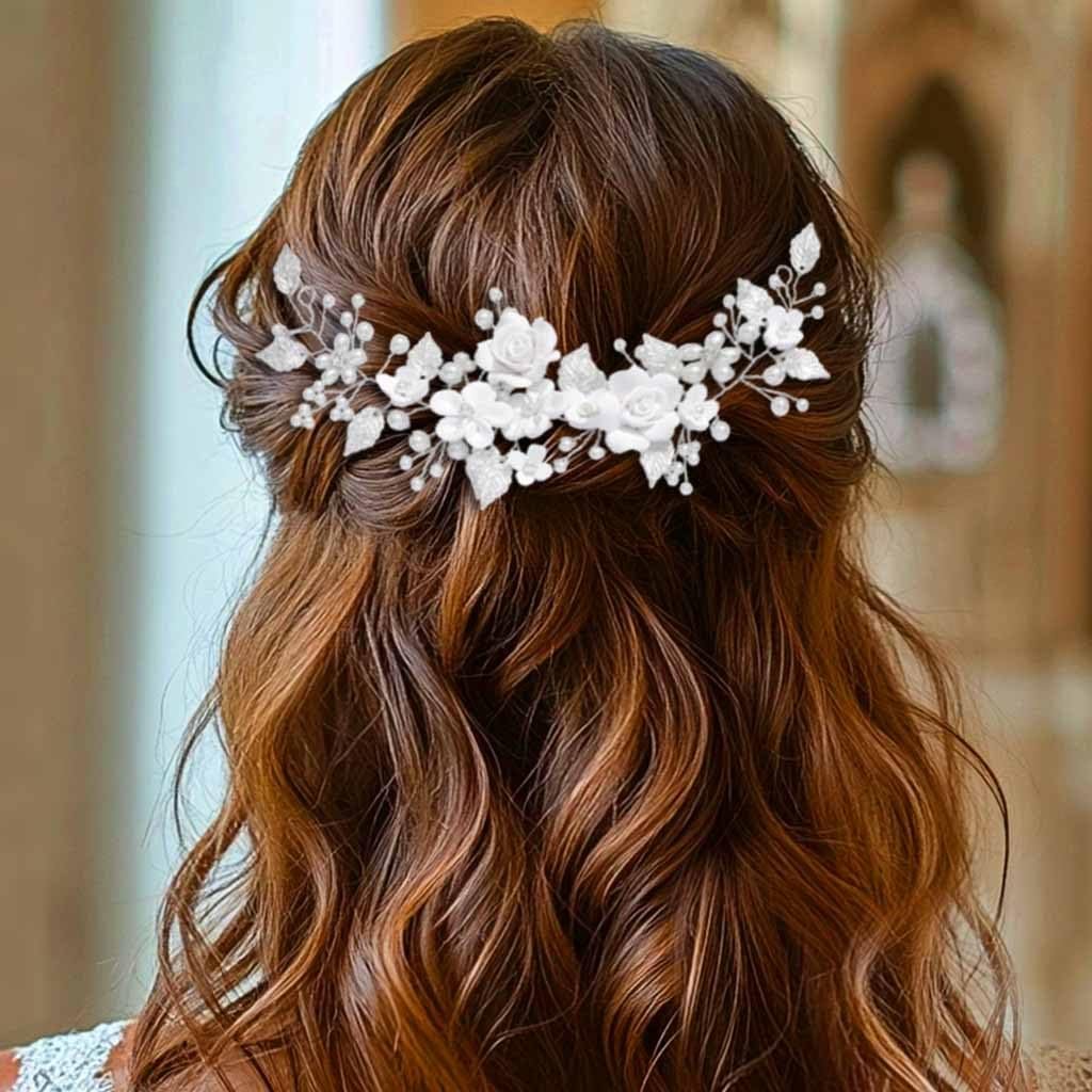 Unicra Silver Flower Bride Wedding Hair Vine with Pearl and Crystal Rhinestones - Elegant Headband for Women and Girls - görsel 5