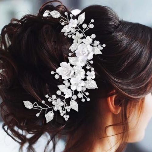 Unicra Silver Flower Bride Wedding Hair Vine with Pearl and Crystal Rhinestones - Elegant Headband for Women and Girls - görsel 14