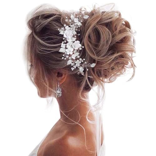Unicra Silver Flower Bride Wedding Hair Vine with Pearl and Crystal Rhinestones - Elegant Headband for Women and Girls - görsel 2