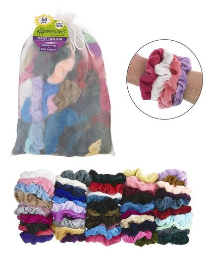 Expressions 50-Piece Scrunchies Set - Comfy, Colorful Hair Ties in Drawstring Bag - Damage-Free Elastics for Women & Girls