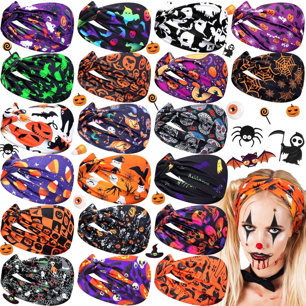 Hoteam 20 Pcs Halloween Headbands Bulk for Women – Skeleton, Ghost & Pumpkin Elastic Non-Slip Hair Accessories - görsel 1